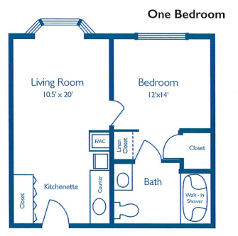 A floor plan of a one-bedroom apartment featuring a living room, kitchenette, bedroom, and bathroom.