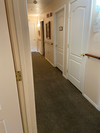 A view of a well-lit hallway featuring carpeted floors and multiple doors leading to different rooms.