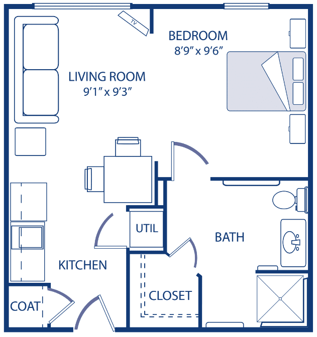 A floor plan of a one-bedroom apartment with labeled rooms including a living room, kitchen, bathroom, and closet.