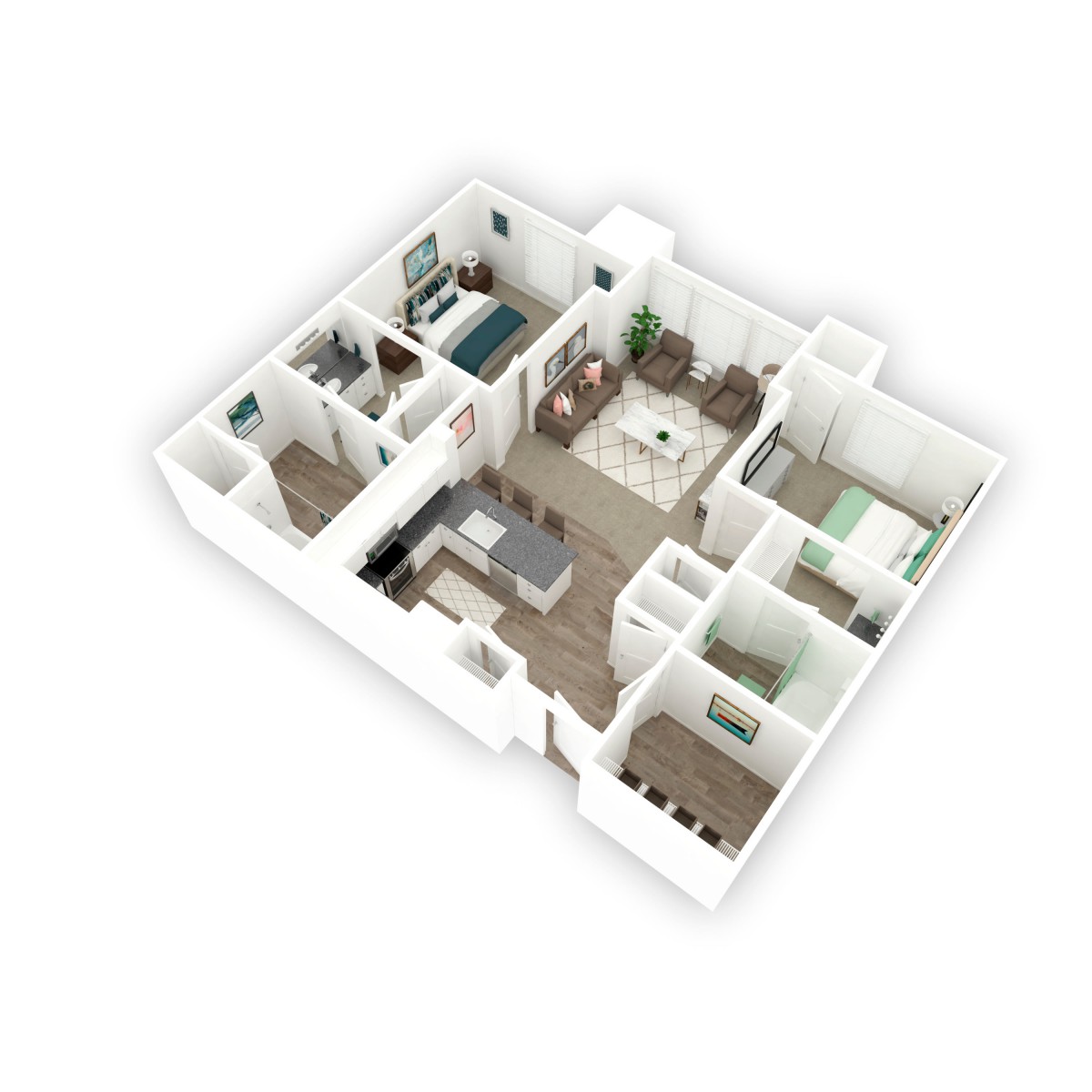 A 3D floor plan of a modern two-bedroom apartment layout.