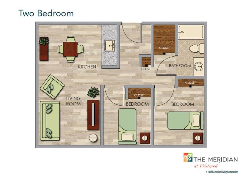 A detailed floor plan of an apartment featuring two bedrooms, a living area, kitchen, and bathroom.