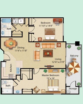 This image shows a floor plan of a two-bedroom apartment featuring a living room, kitchen, dining area, bathroom, and balcony.