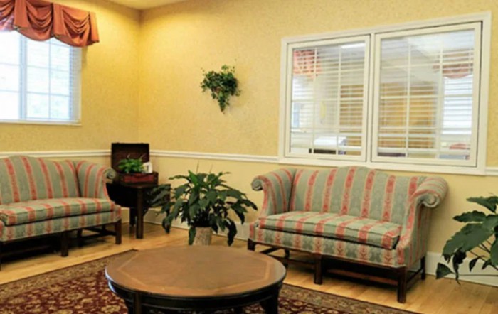 A cozy living room with comfortable seating and decorative elements.