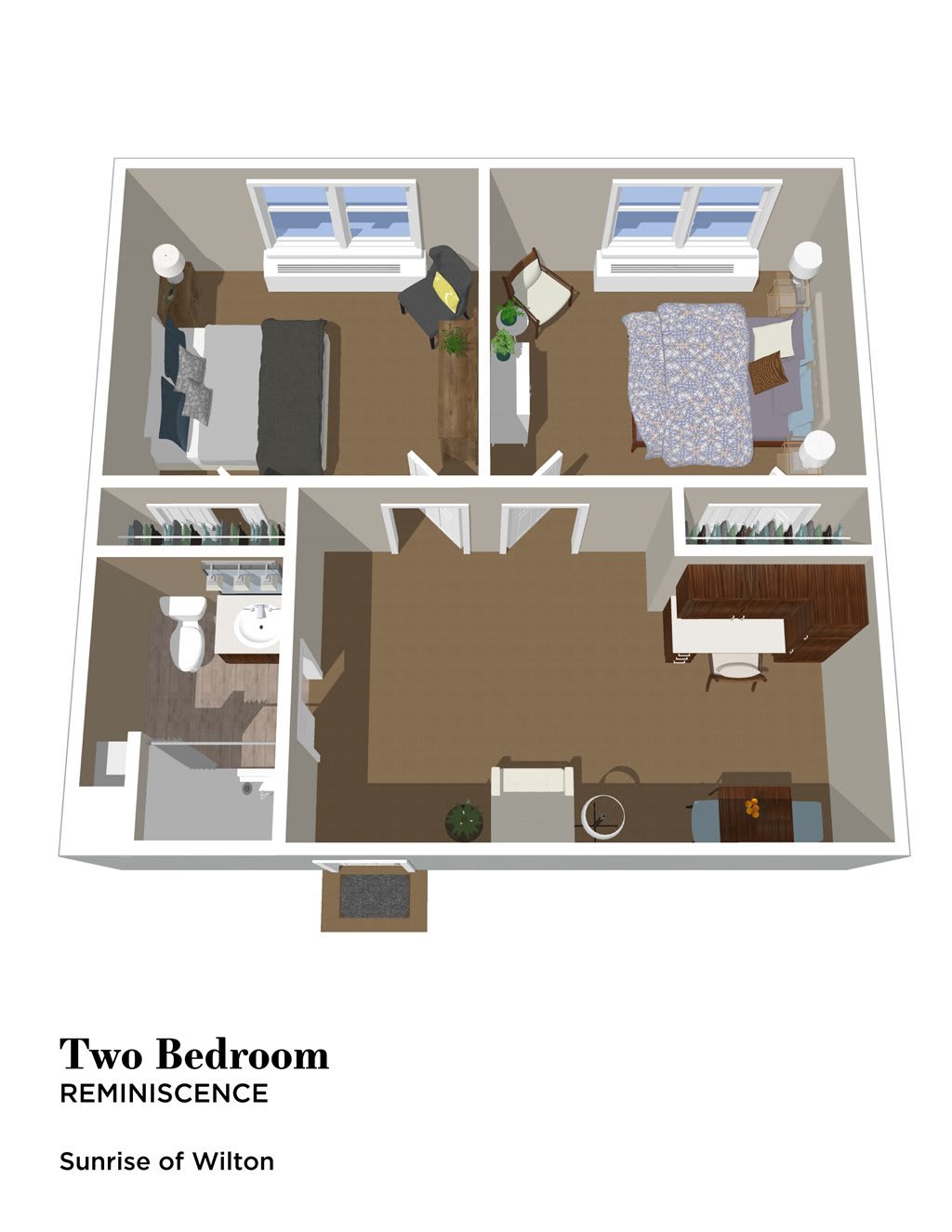 3D floor plan of a two-bedroom apartment.