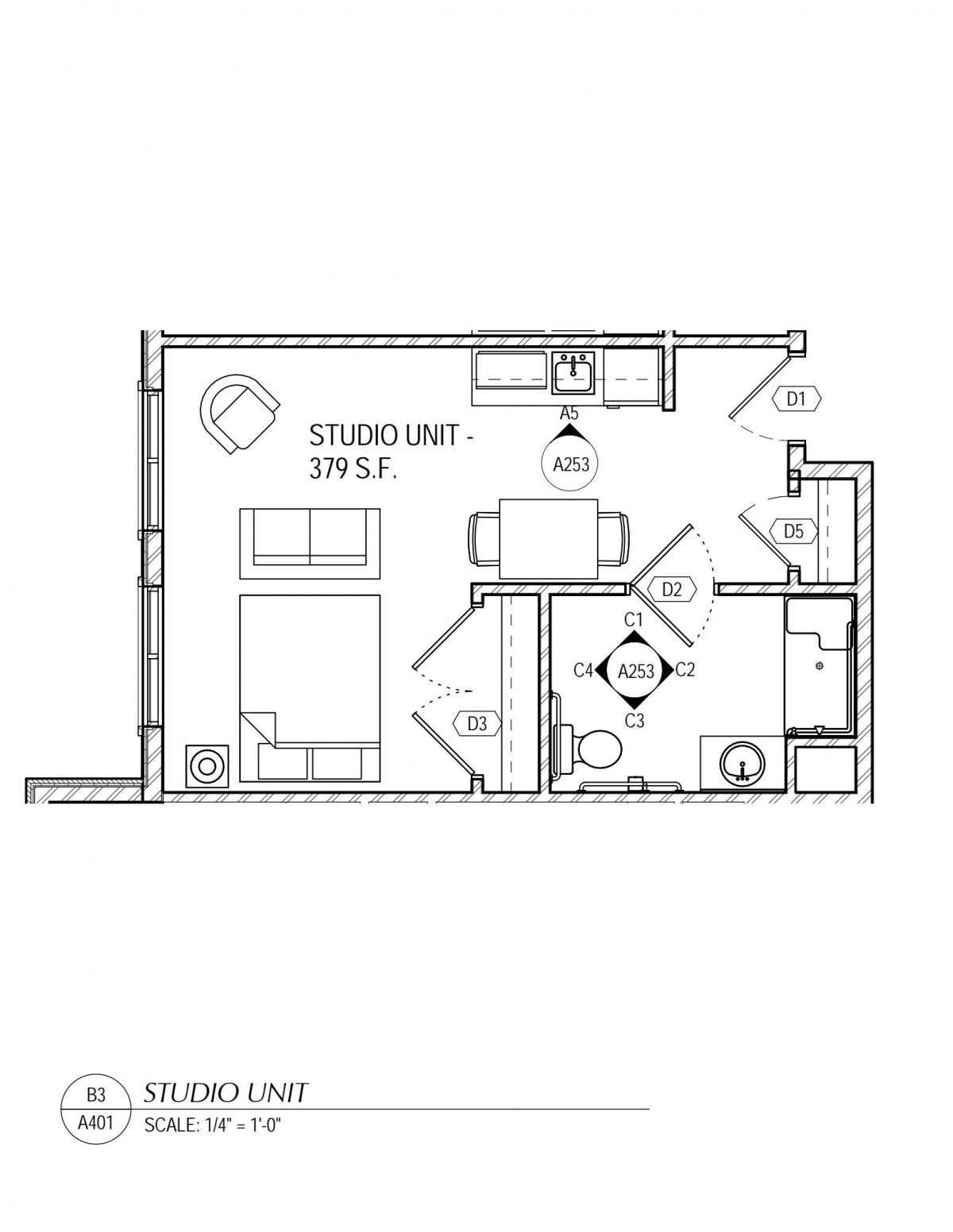 Studio apartment floor plan with designated living, sleeping, and kitchen areas.