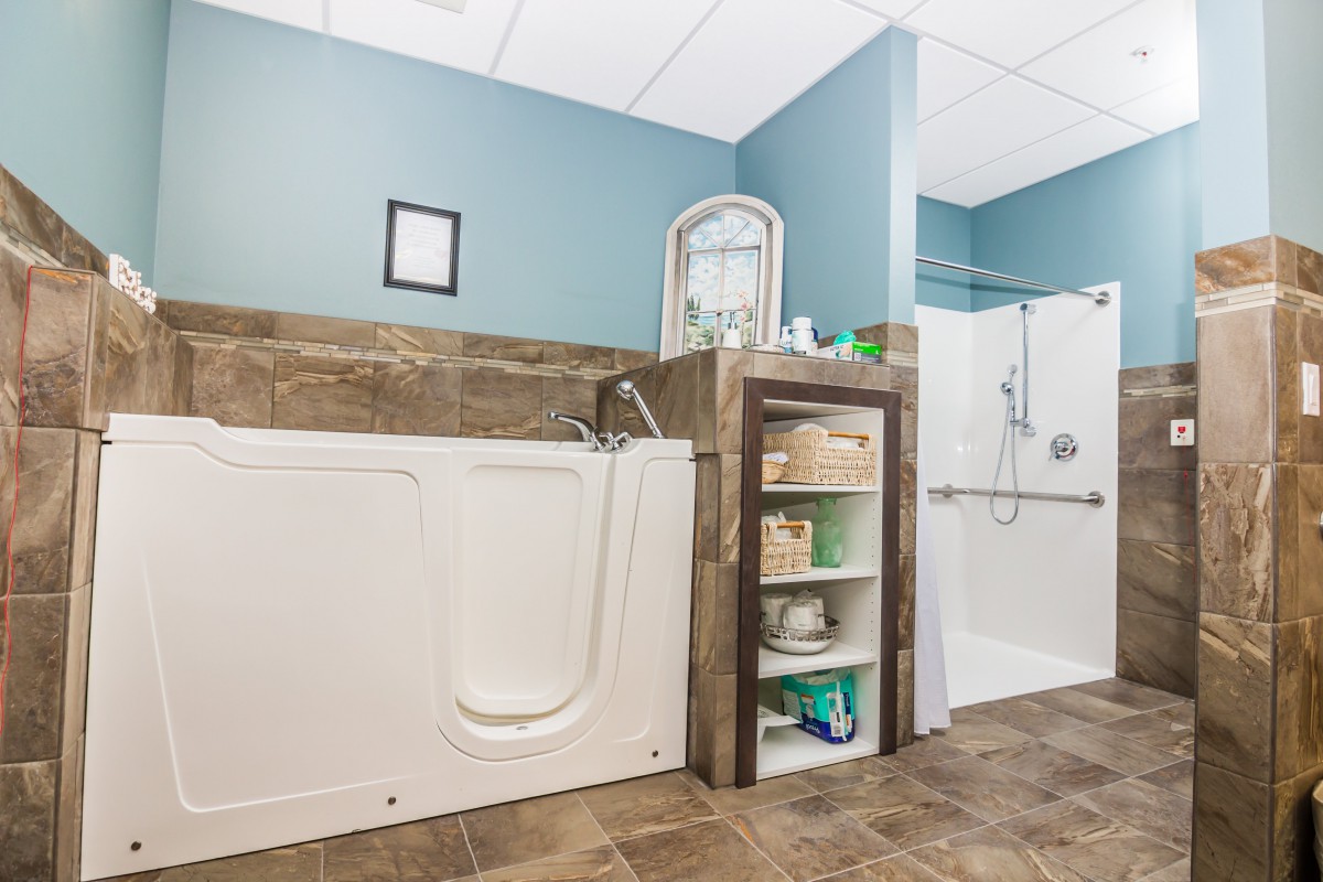 A modern bathroom equipped with a walk-in tub and accessible shower, designed for elderly care and accessibility.