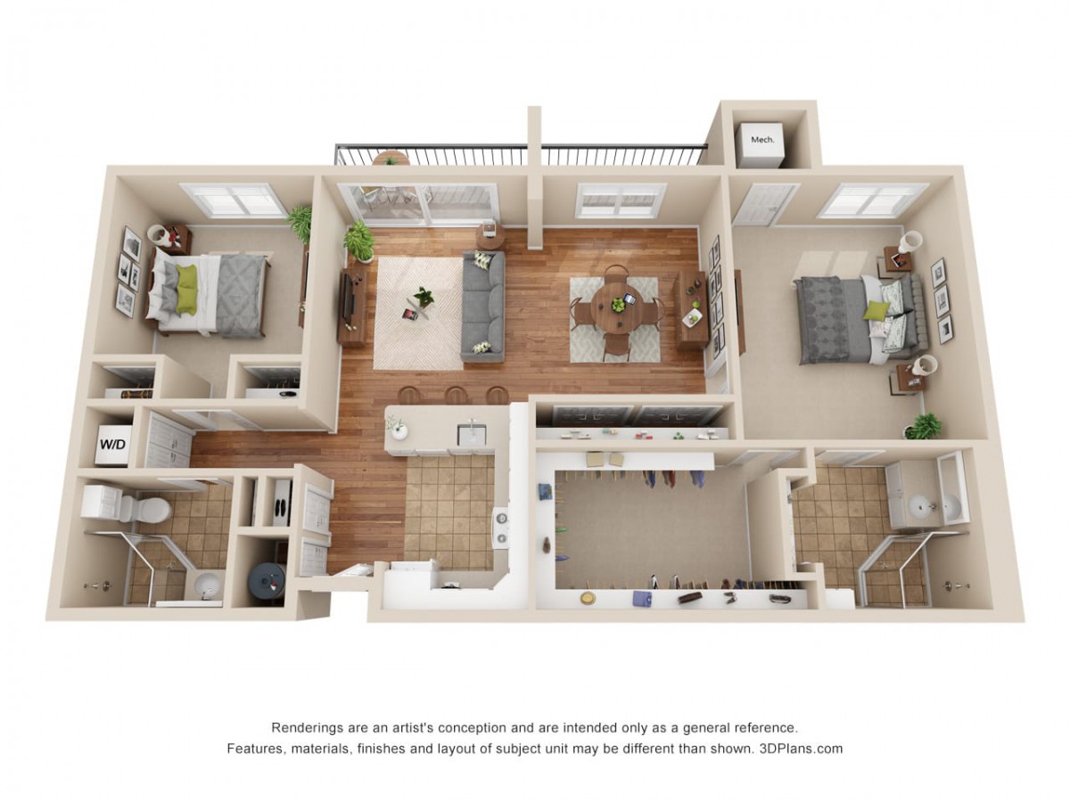 A detailed 3D floor plan of a two-bedroom apartment featuring a living room, kitchen, bathroom, and balcony.