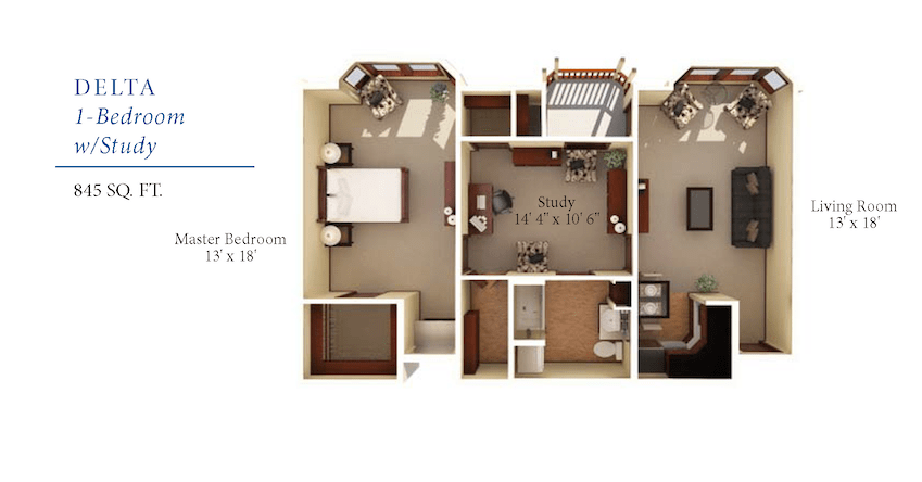 A floor plan of a two-bedroom apartment showcasing the layout of rooms and furniture placement.