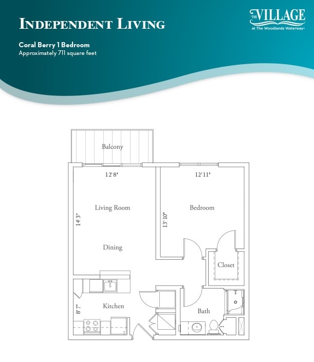 Floor plan for a one-bedroom apartment in an independent living facility.