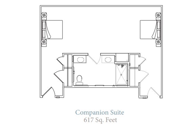 Floor plan of a composition suite measuring 617 square feet.