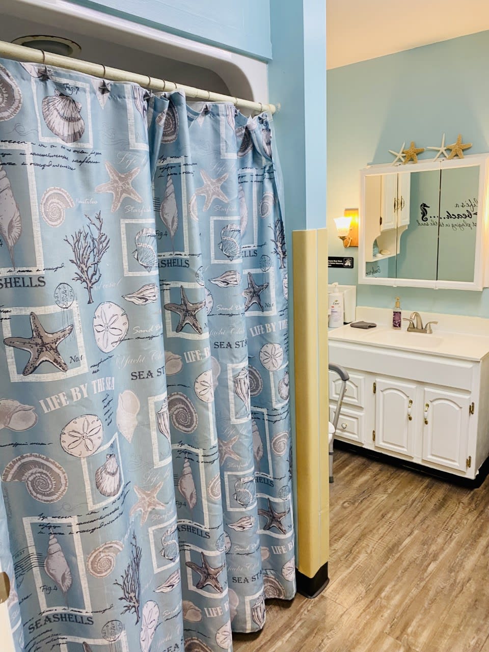 A bathroom featuring a seashell-themed shower curtain and a sink with a cabinet and mirror.
