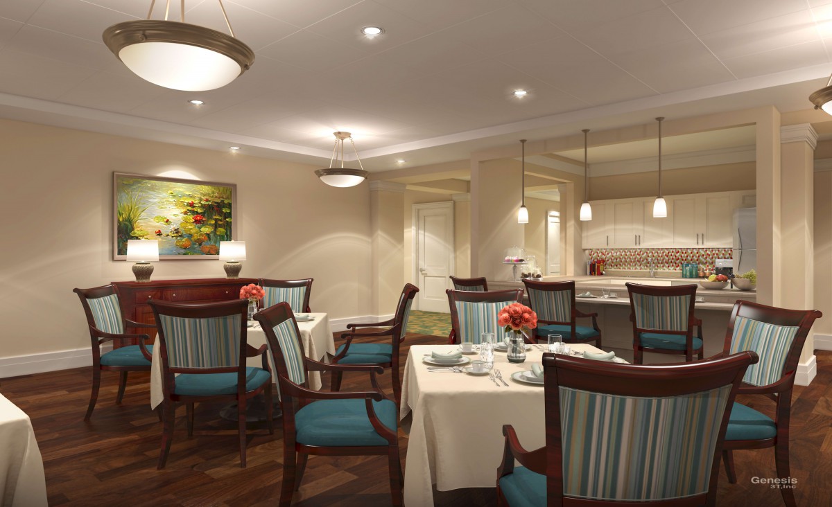 A cozy and elegant dining area with neatly arranged tables and chairs, accented by soft lighting and tasteful decor.