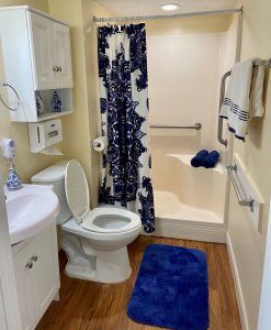 A small bathroom with a shower area, patterned curtain, toilet, sink, and blue rug.