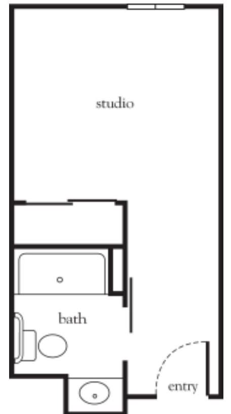 A simple floor plan layout of a studio apartment.