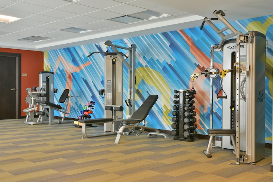 A modern gym featuring various exercise machines and a vibrant, abstract mural on the wall.