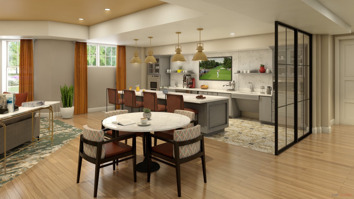 A modern and spacious kitchen with an open dining area, featuring an island and stylish lighting.