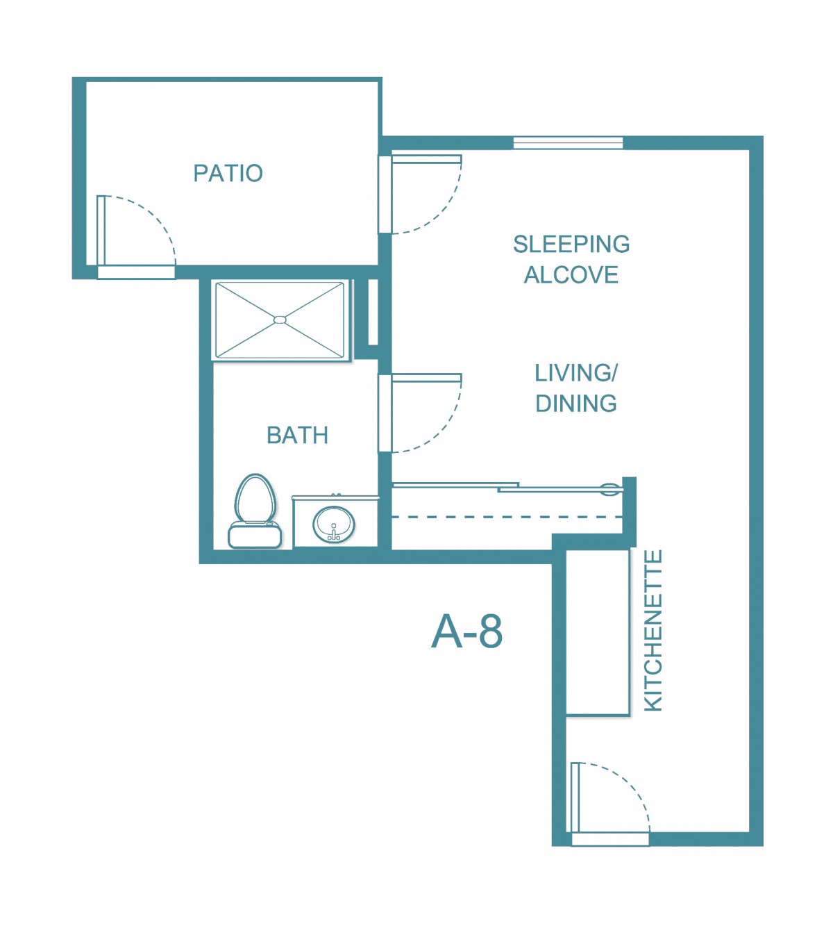A floor plan of a small apartment featuring a sleeping alcove, kitchenette, living area, bathroom, and patio.