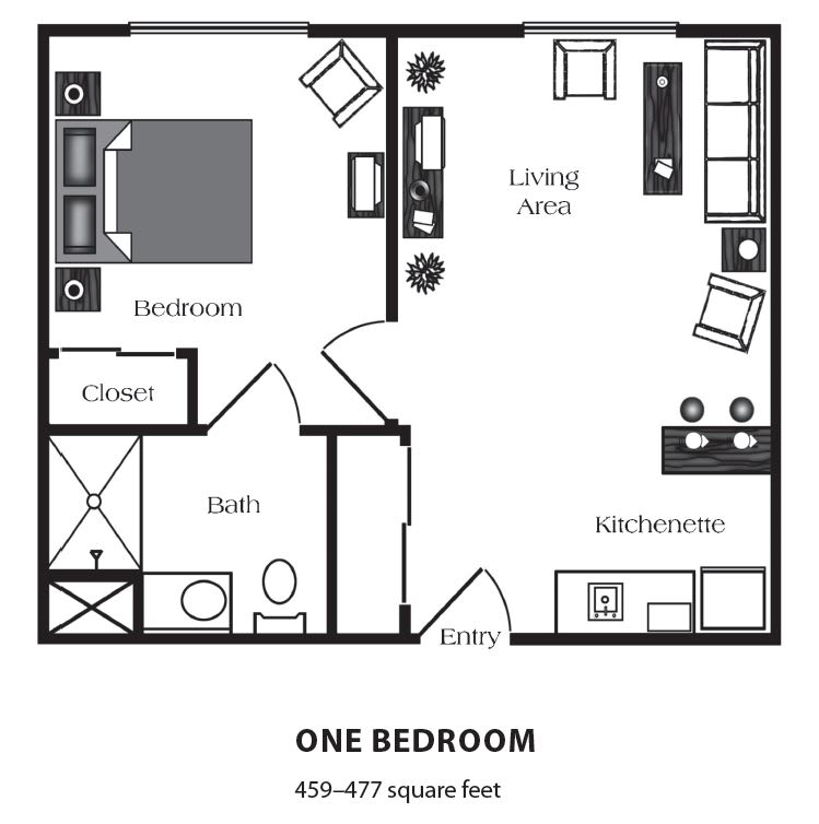 One-bedroom apartment floor plan featuring a living area, kitchen, bathroom, bedroom, and closet.