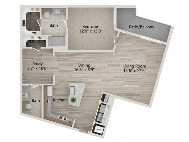 A modern two-bedroom apartment floor plan featuring an open concept living and dining area, with a patio balcony.