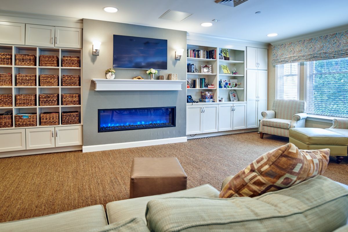 A cozy living room featuring a modern electric fireplace and built-in bookshelves.