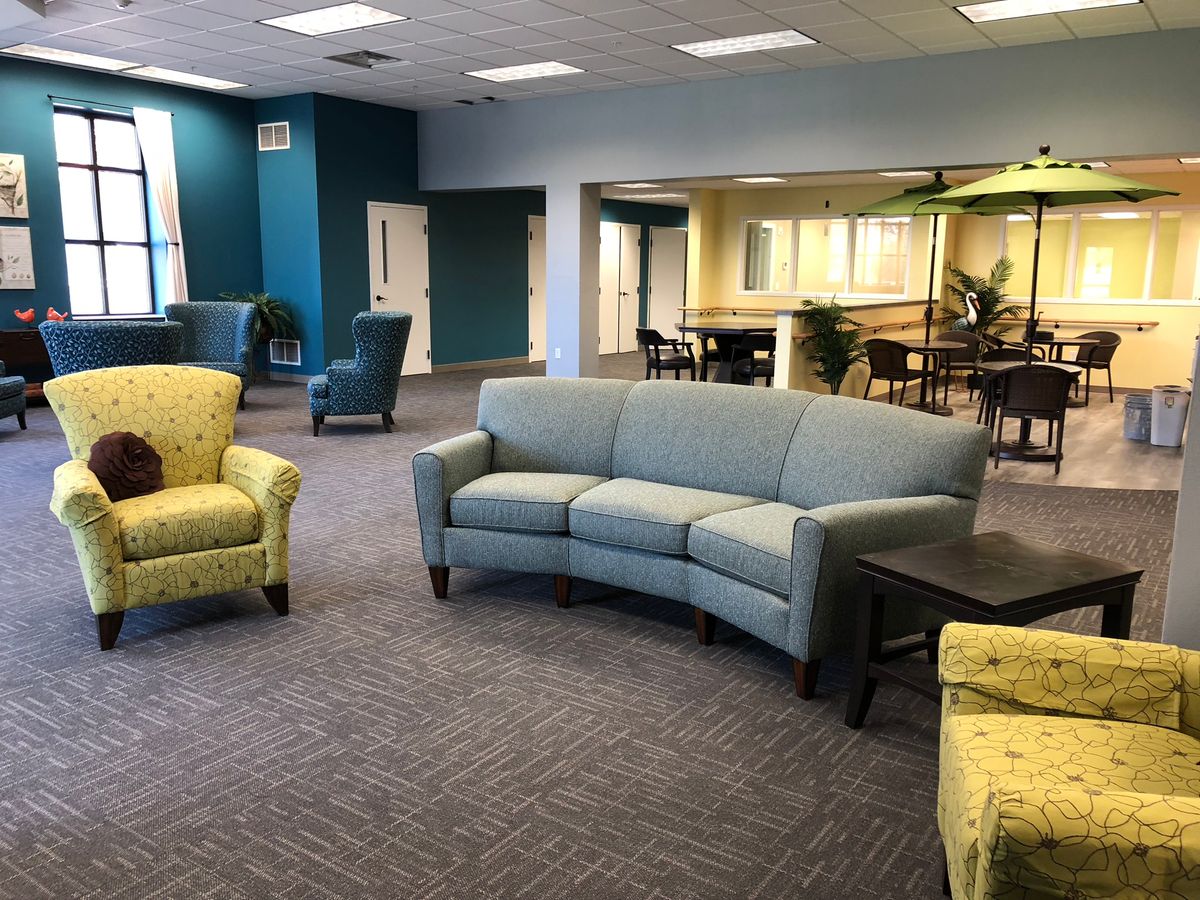 A modern lobby with comfortable seating and stylish interior design.