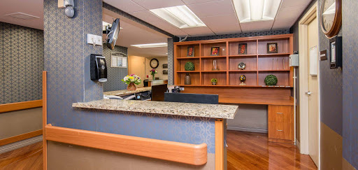A modern reception area featuring a sleek counter and decorative shelves.