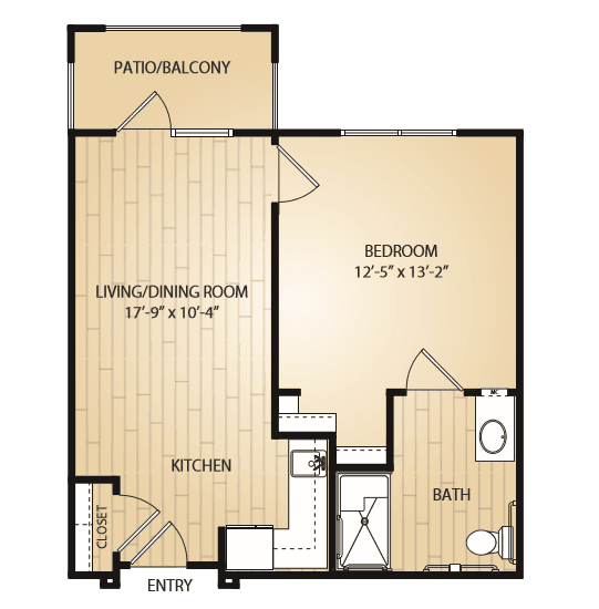 A floor plan of a one-bedroom apartment featuring a living/dining area, kitchen, bathroom, and balcony.