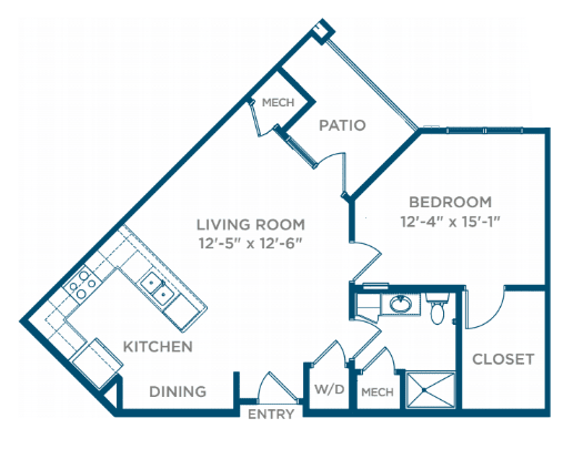 A floor plan of a one-bedroom apartment featuring a living room, kitchen, dining area, bathroom, and patio.