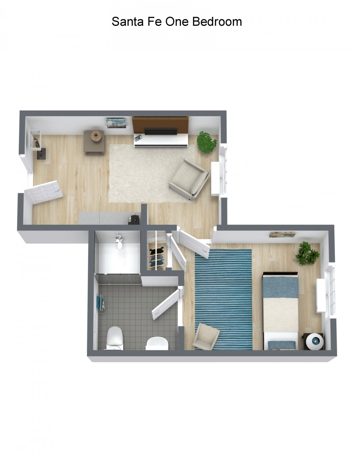 A 3D floor plan of a compact apartment featuring a bedroom, living room, and bathroom.
