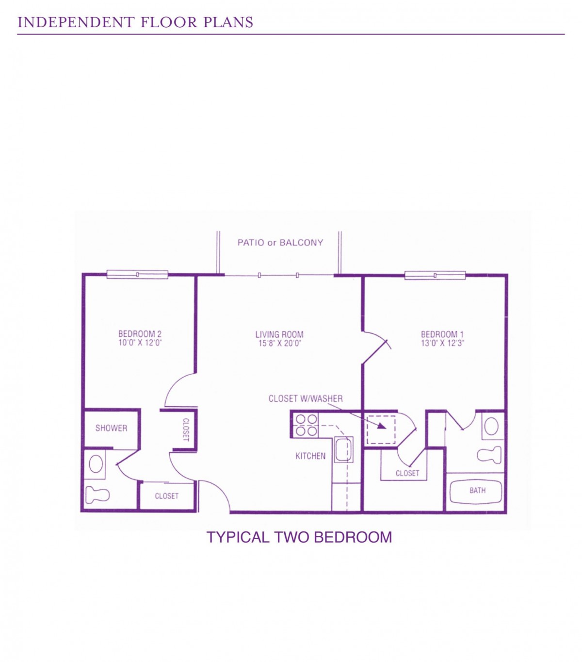 A typical two-bedroom apartment floor plan layout.