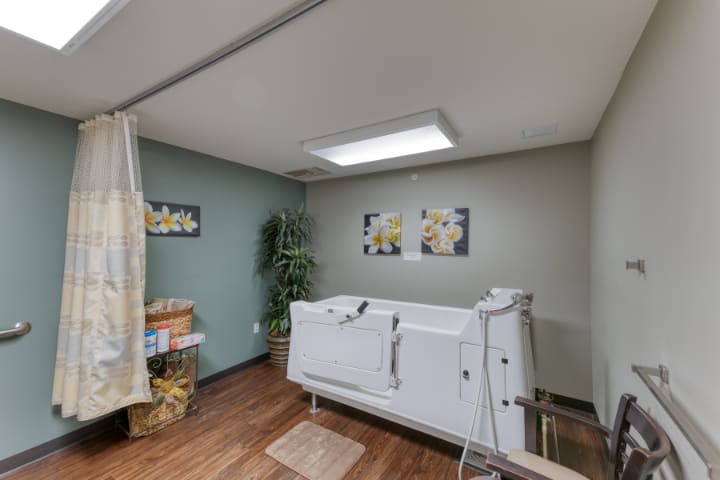 A modern bathroom with a white bathtub, wall artwork, and decorative plants.
