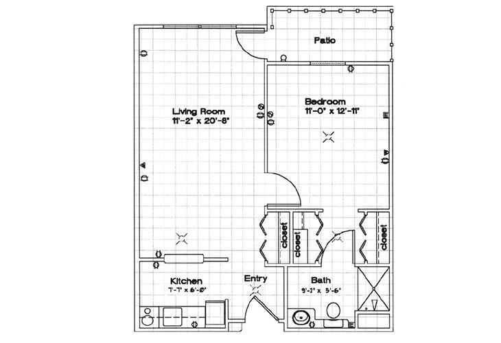 A floor plan of an apartment showing the layout of rooms including a living room, bedroom, kitchen, and bathroom.