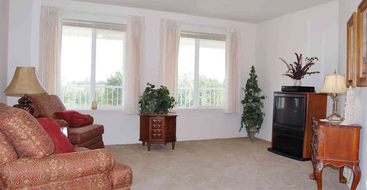 A spacious living room with large windows, curtains, indoor plants, and comfortable seating.
