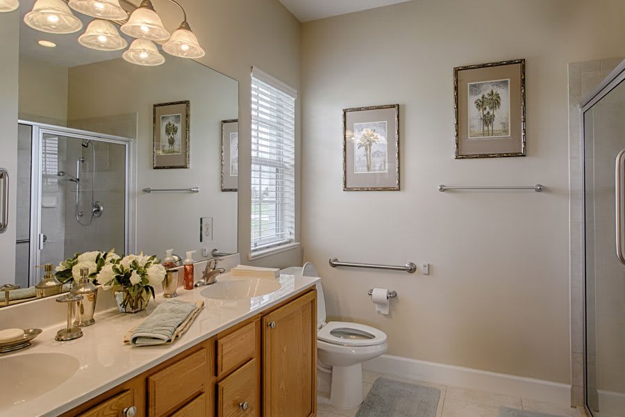 A well-lit bathroom interior featuring a large mirror, wooden cabinets, and tasteful decor.