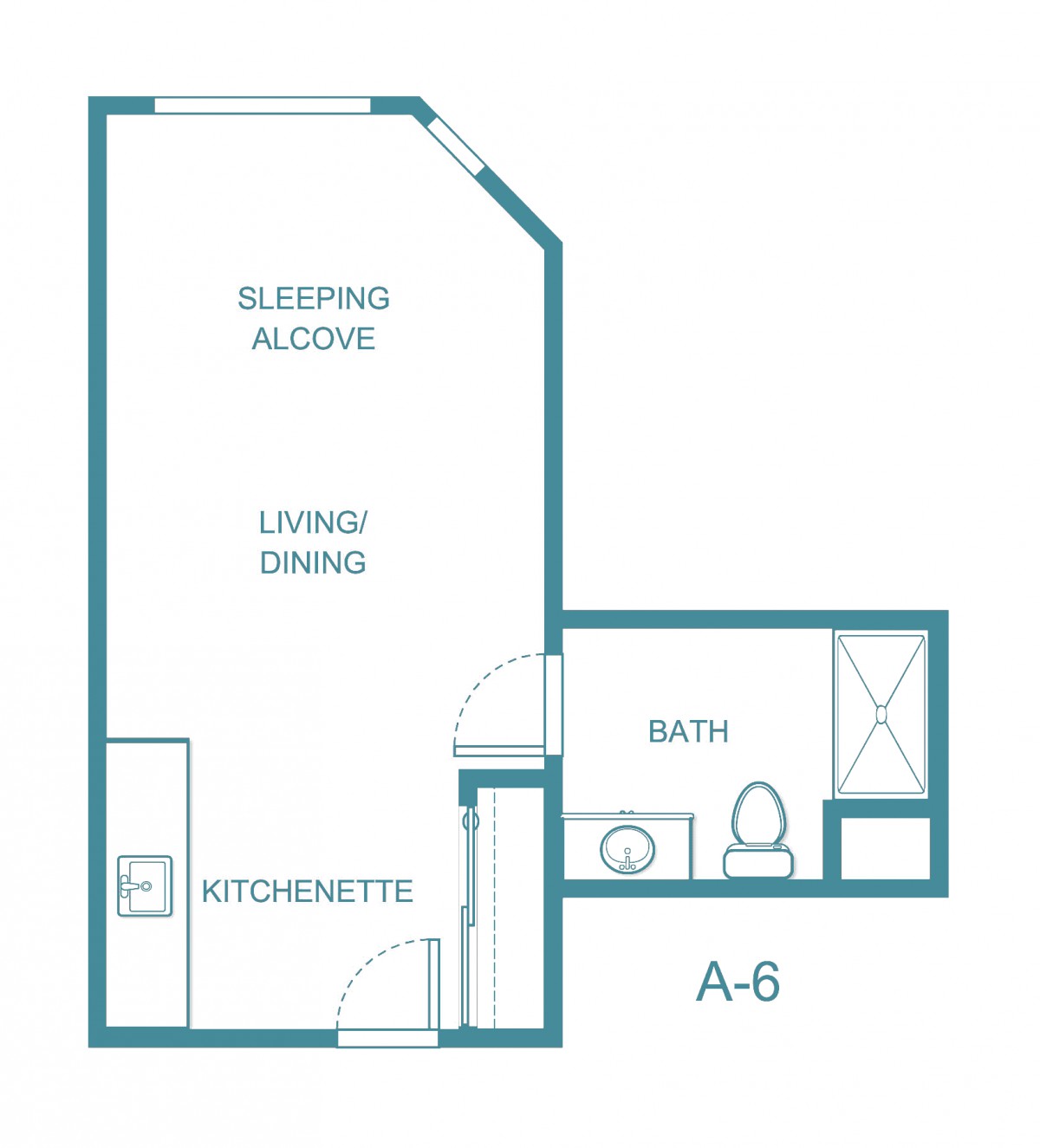 Studio apartment floor plan with sleeping alcove, living/dining area, kitchenette, and bathroom.