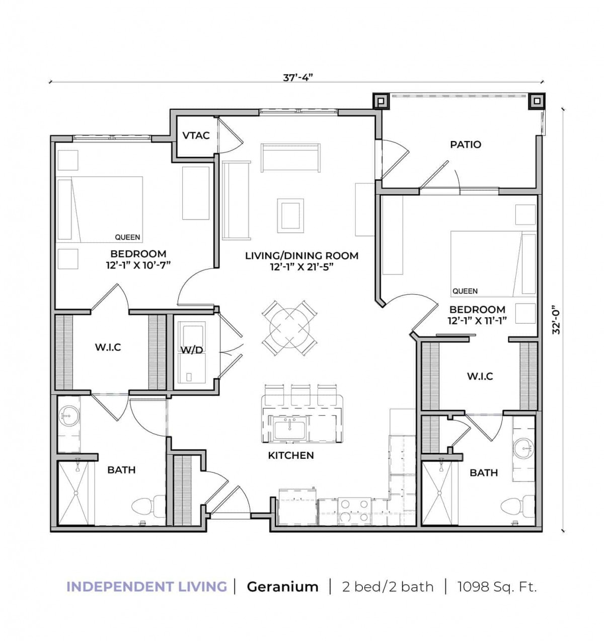 A floor plan of a two-bedroom residential layout featuring an open concept living and dining area.