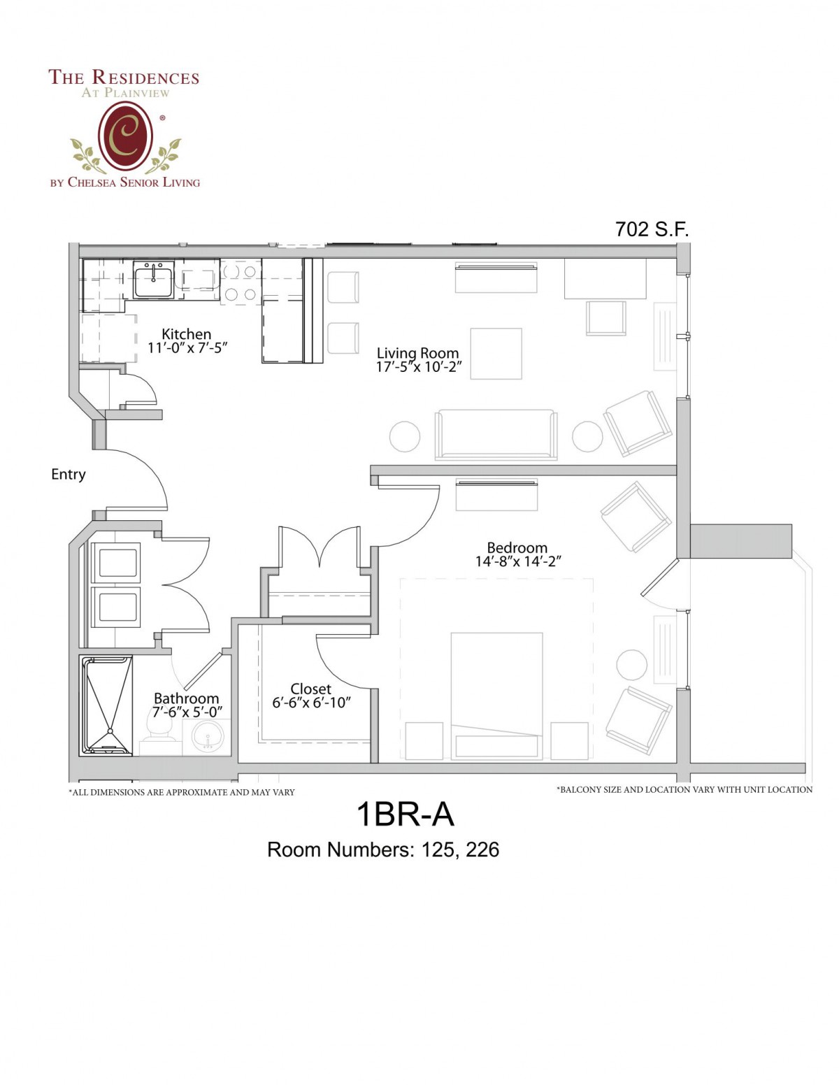 Floor plan of a one-bedroom apartment including kitchen, living room, and bathroom.
