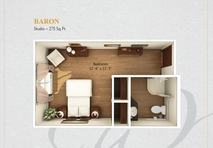 A floor plan of a small studio apartment with a designated bedroom and bathroom area.