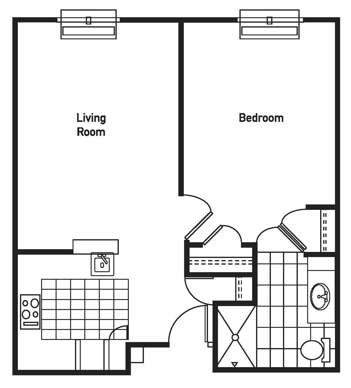 A simple floor plan of a one-bedroom apartment with a living room, kitchen, and bathroom.