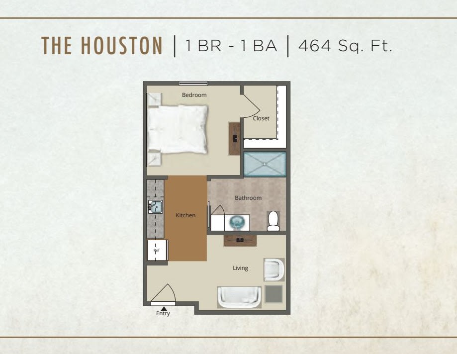 The Houston floor plan featuring a 1-bedroom, 1-bathroom apartment with a total area of 464 square feet.