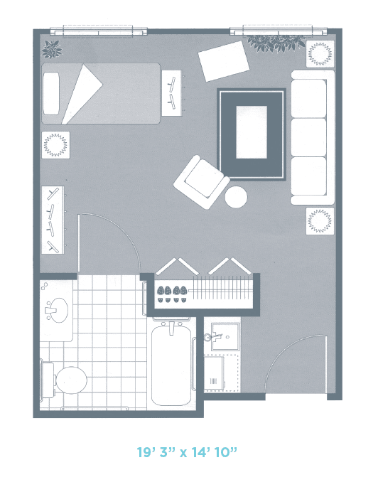 A floor plan of a studio apartment featuring a living area, bedroom space, kitchen, and bathroom.