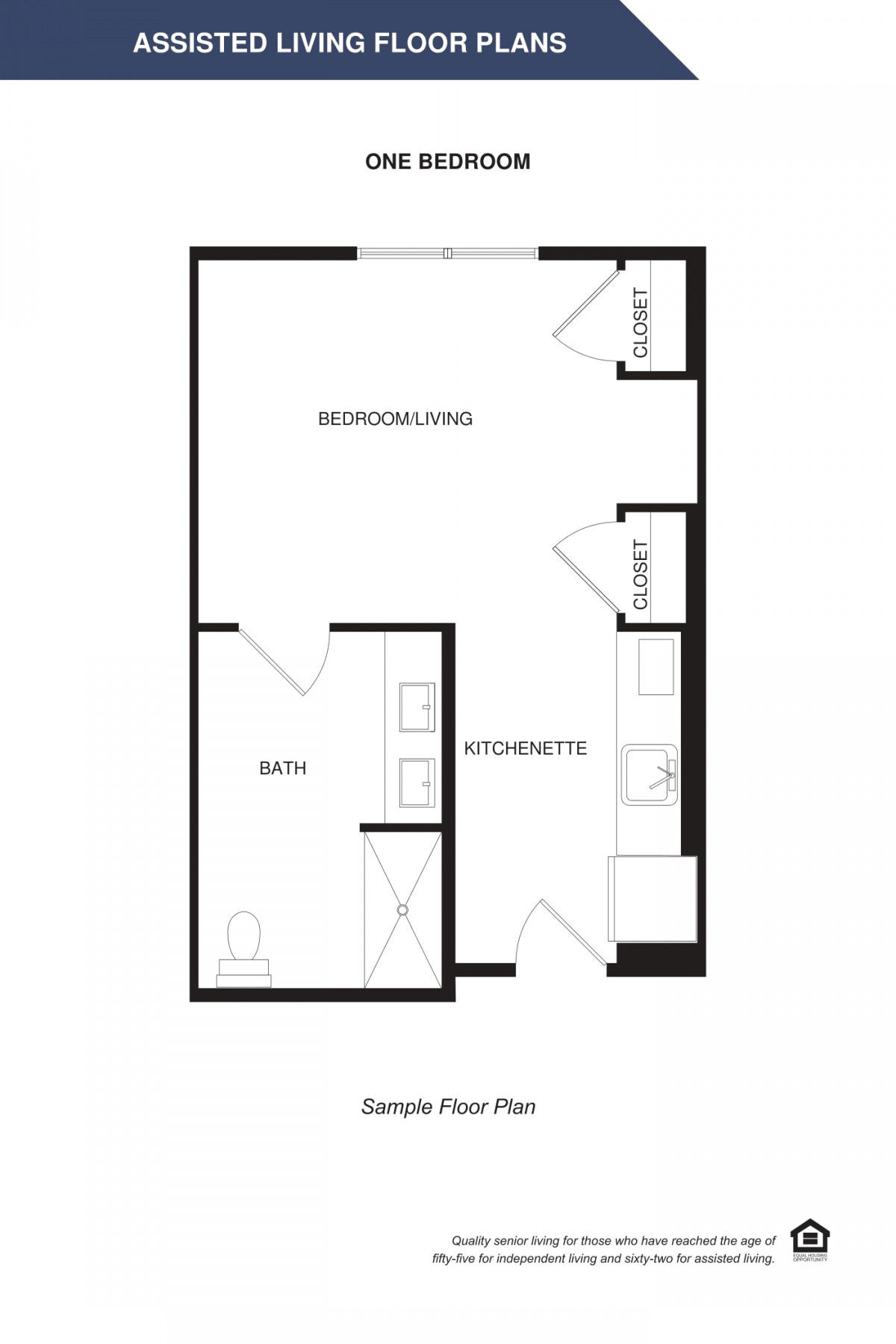 A simple floor plan showing a one-bedroom apartment layout with a kitchen and living area.