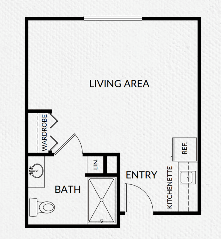 A floor plan of a studio apartment, featuring a living area, kitchenette, and bathroom.