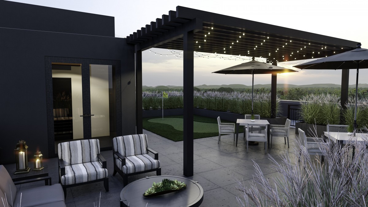 A stylish rooftop terrace with a pergola, featuring outdoor seating and string lights at sunset.