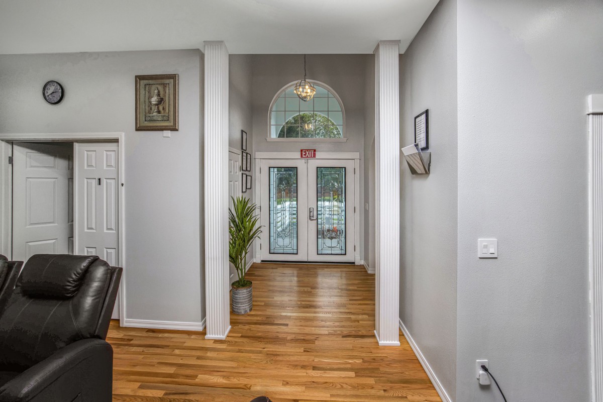 A brightly lit home entrance with wood flooring and a potted plant.