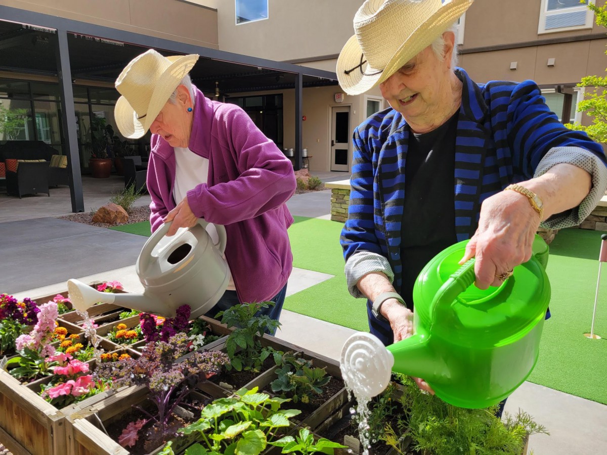 Two people wearing hats are watering plants in a garden setting.