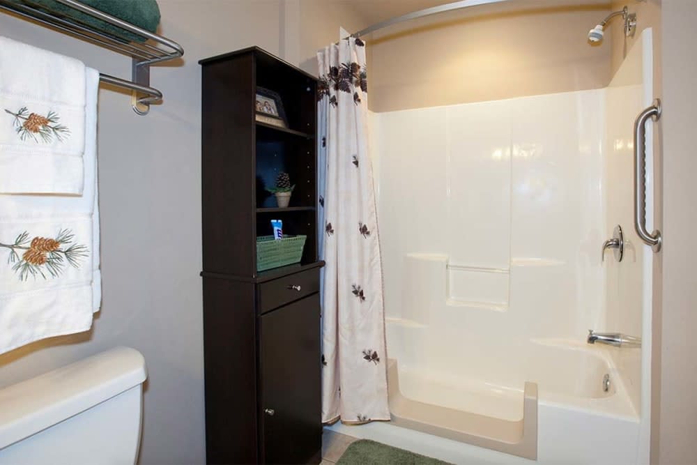 A clean and organized bathroom with a shower, shelving unit, and toilet.