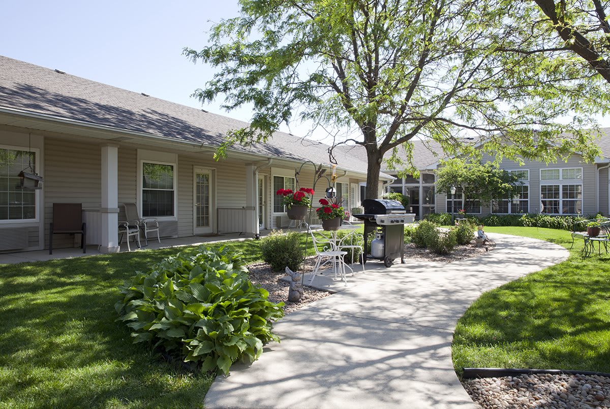 A beautifully landscaped outdoor area with a pathway, surrounded by greenery and benches.