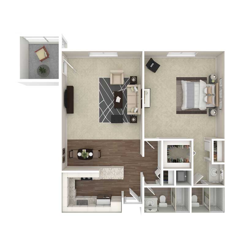 One-bedroom apartment floor plan with a kitchen, living room, bathroom, and balcony.