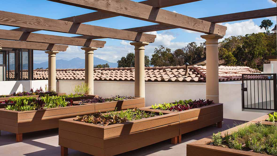 A rooftop garden with wooden planters and a pergola, surrounded by tiled roofing and columns.
